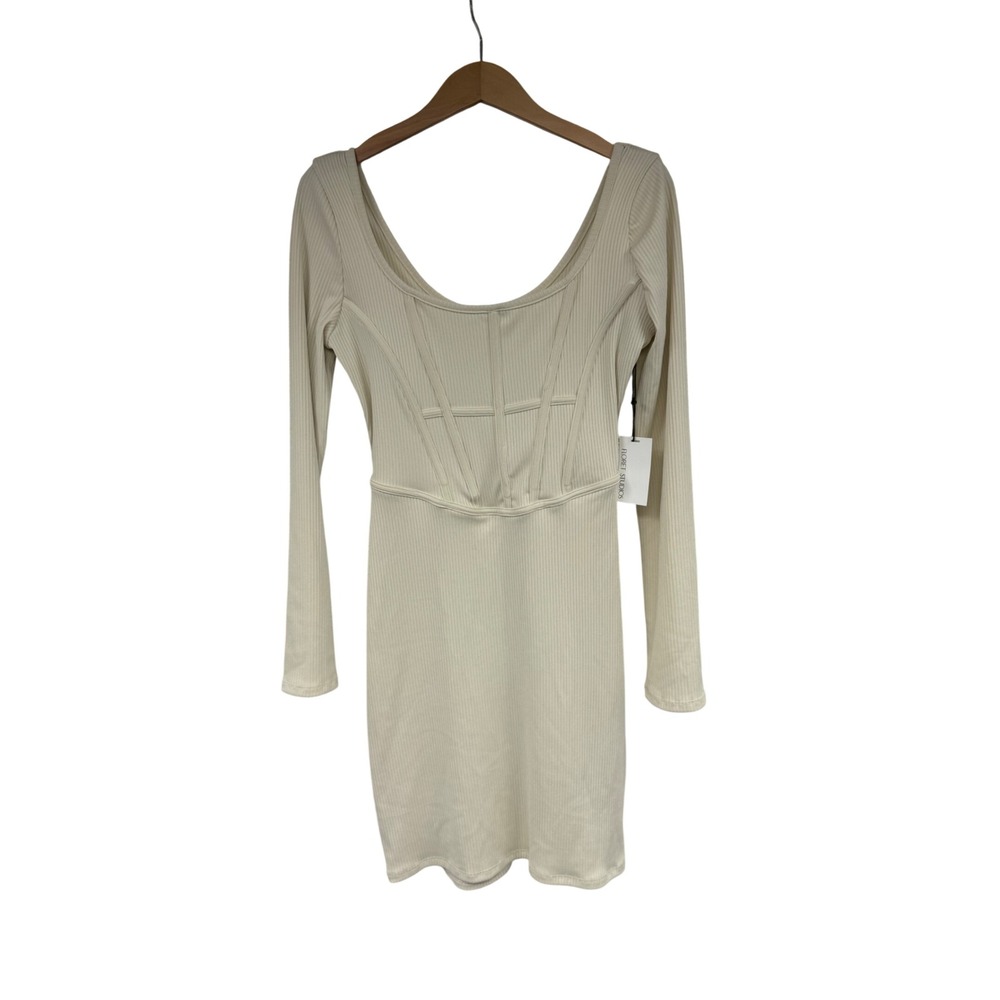 Floret Studios Ivory Ribbed Corset Mini Dress Long Sleeve Scoop Neck Bridal L